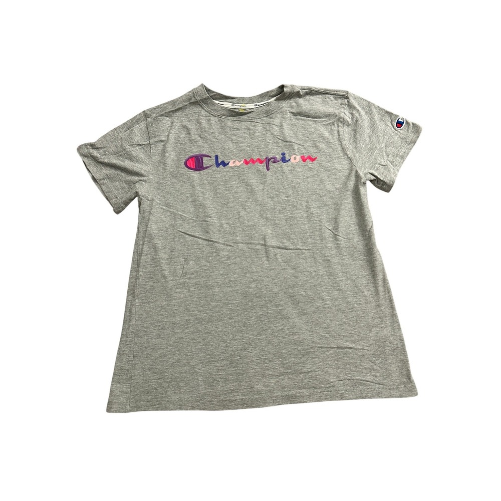 Champion T-Shirt Youth Small Gray Excellent Multi-Color Script Logo Short Sleeve